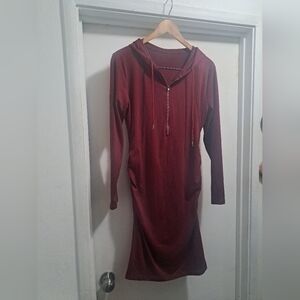 Ladies Pregnancy Burgundy Red Size L Hooded Zip-Up Long-Sleeves Dress